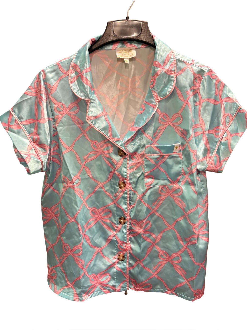 Simply Southern Pink Bow-Print Short Sleeve Button Down on Aqua